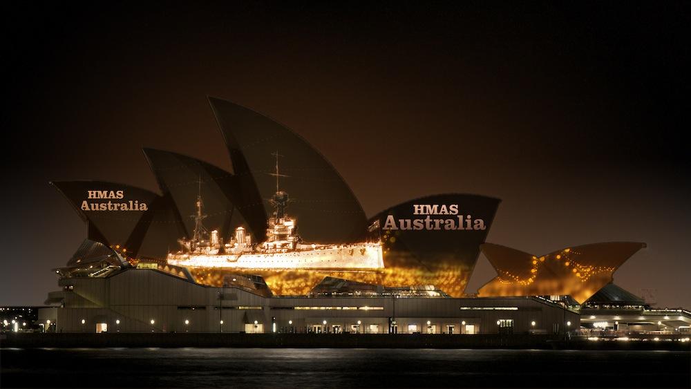 Impression of the International Fleet Review 2013 Pyrotechnics and Light Show. Sydney Opera House with HMAS Sydney.