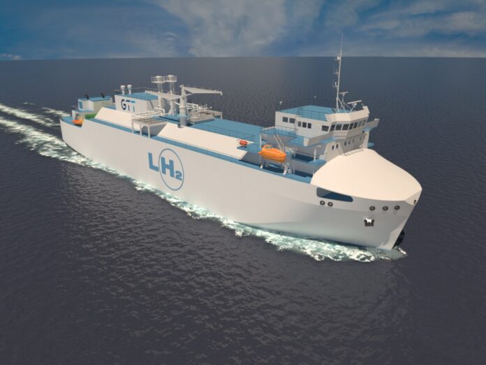 Un concept d’hydrogénier développé par GTT, dans l'optique de contribuer à la décarbonation du transport maritime.